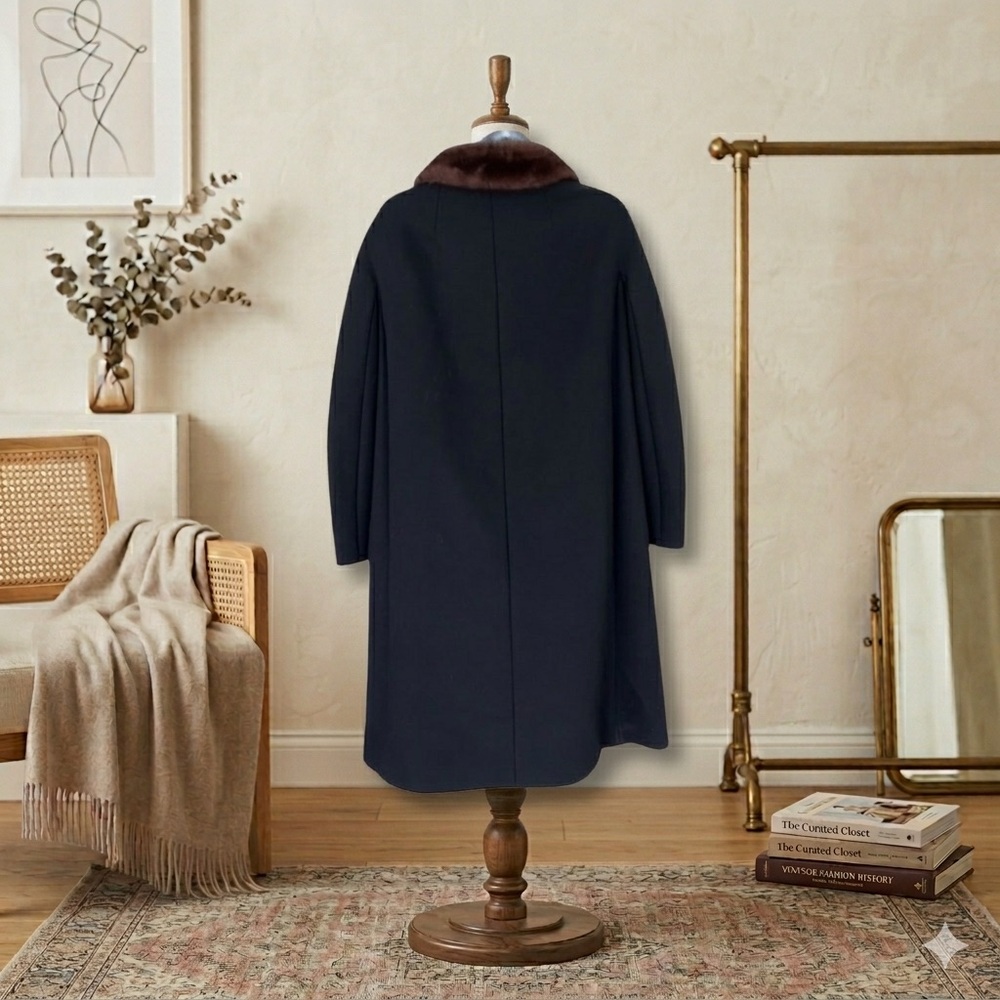 50s Delmod (W. Germany) Wool Overcoat, Genuine Ranch Mink/Collar Black A-Line, M - Picture 2 of 8